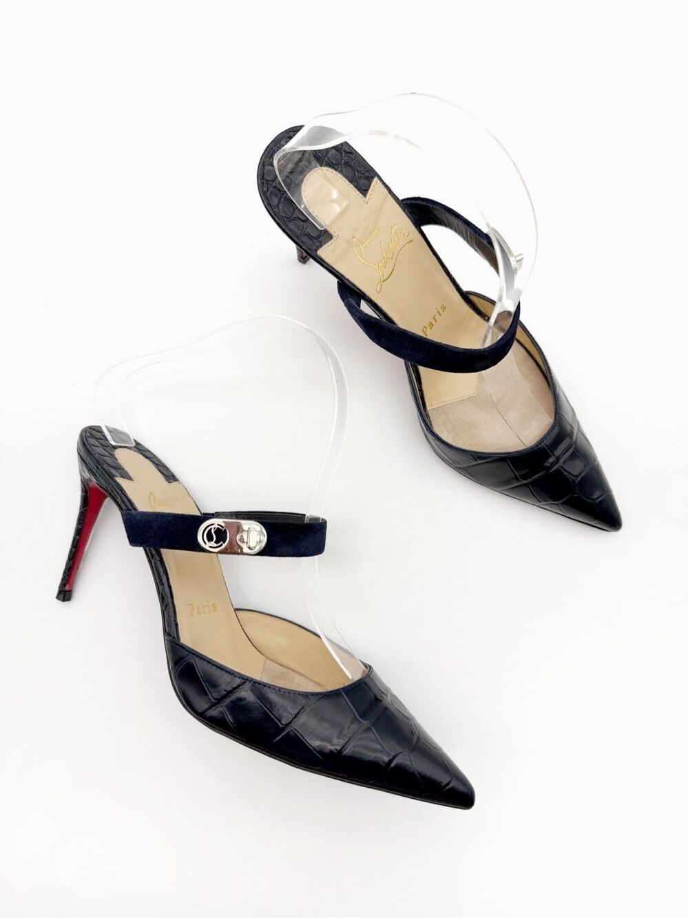 CHRISTIAN LOUBOUTIN Choc Lock Navy Blue Slide Size 37.5 US 7 Leather Heel Mule